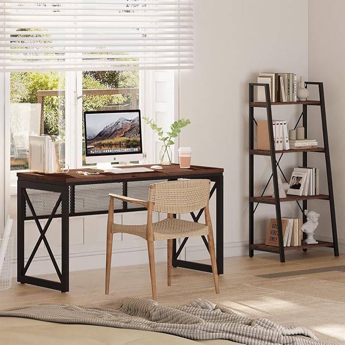 BON AUGURE Farmhouse Computer Desk, Modern Industrial Home Office Desks, Wood Metal Study Writing Table, Sturdy Gaming Desk (Rustic Oak, 54 Inch)