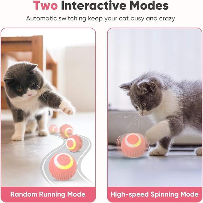 Petbobi Interactive Cat Toy Ball - Automatic Cat Toy with LED Light, USB Rechargeable Self Moving Ball, Indoor Active Rolling Toys, 360°Rotating Smart Sphere, 2 Modes, Fun Gift for Kitten, Pink