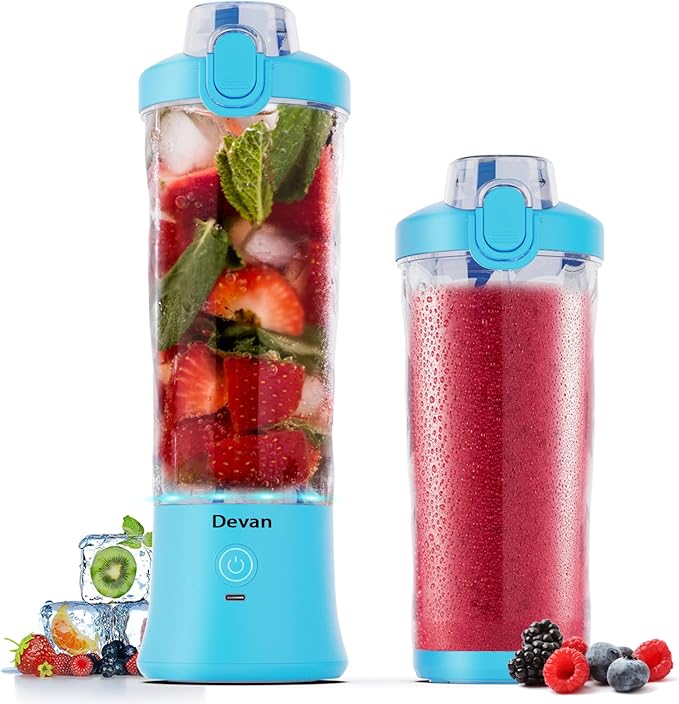 Portable Blender,270 Watt for Shakes and Smoothies Waterproof USB Rechargeable with 20 oz BPA Free and a Travel Lid. (Blue, 20 oz)