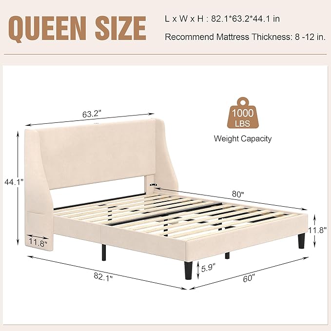 VECELO Queen Bed Frame with Upholstered Wingback Headboard, Heavy-Duty Platform Bedframe with Charging Station, Wooden Slats, No Box Spring Needed, Beige