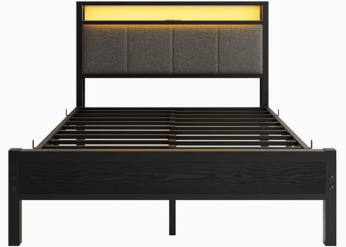 Full Size Bed Frame with LED Lights, Upholstered Headboard with Storage Shelves&Charging Station, Heavy Duty LED Bed Frame Full Mattress Foundation No Box Spring Needed, Noise Free,Grey