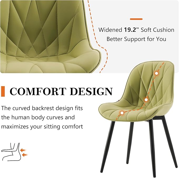 Rowill Modern Dining Chairs Set of 2 Upholstered Faux Leather Kitchen Chairs with Soft Cushion Backrest, Sturdy Metal Legs & Non-Slip Pads, Perfect for Home Dining Room, Kitchen, Avocado Green