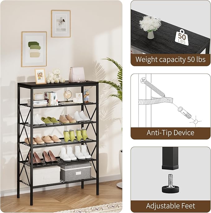 6 Tiers Shoe Rack, Large Capacity Shoe Rack Holds 32 Pairs of Shoes, Durable and Stable, Adjustable Metal Shelf Stackable Shoe Shelf for Entryway, Hallway, Living Room, Closet