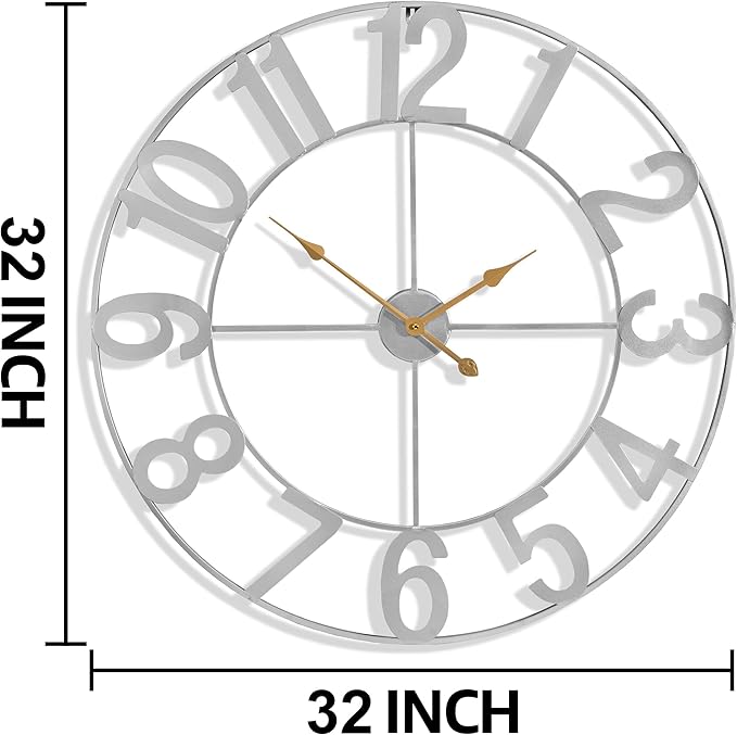 Sorbus 32-Inch Large Wall Clock – Decorative Silver Metal Clock with Gold Hands – Silent, Battery Operated, Modern Wall Decor for Living Room, Kitchen, or Office, Great Gift for Housewarming or Office