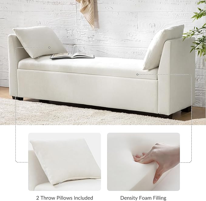 EcoHarbor Living 60" Storage Ottoman Bench with Pillows, Water Resistant Storage Bench End of Bed Upholstered Bedroom Entryway Storage Ottoman Foot Stools, Ivory