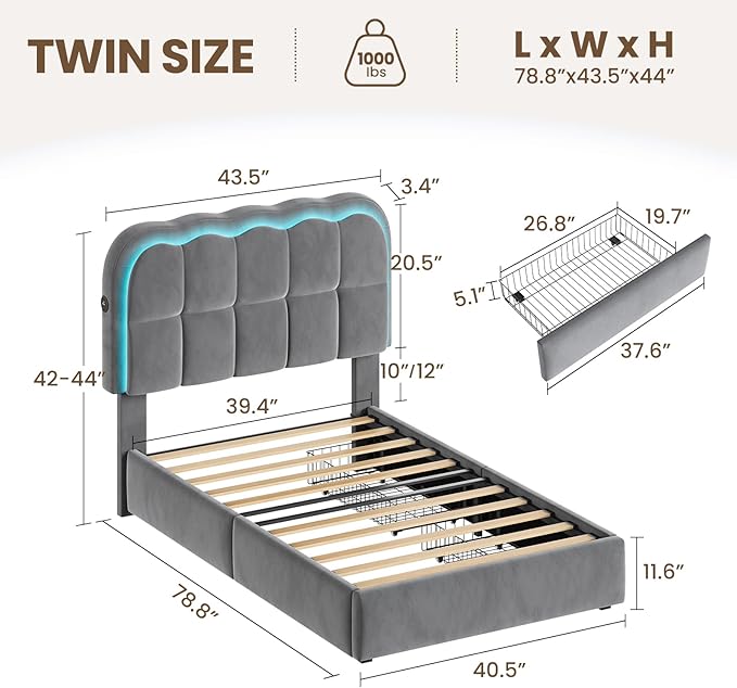 Twin Bed Frame with Storage Drawers and Headborad, Upholstered LED Twin Size Platform Bed Frame for Kids – Sturdy Metal Bed Frame Twin with Wood Slats Support, No Box Spring Needed,Grey
