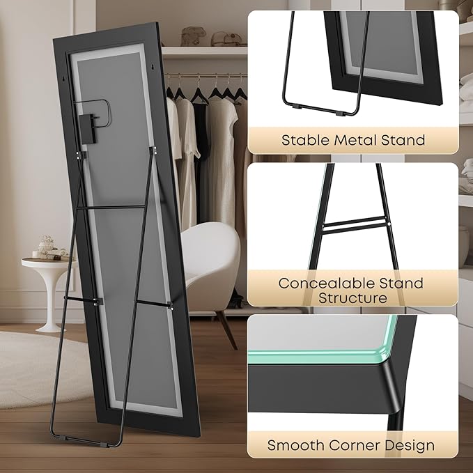 Kosmonia 59x16 Frameless Full Length Mirror, Dimmable 3 Color LED Light w/Memory Function, Distortion Free, HD Reflection & Anti Desilvering, Tempered Glass & Shatter Proof Film Doubling Safety