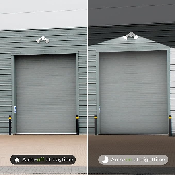 Two Head Par Light Holder with Dusk to Dawn Photocell UL Listed Outdoor Flood Light For Safety & Security 120V Twin Par Holder Use 2 PAR38 Bulbs up to 150W Each (Bulb sold separately) 1 Pack White