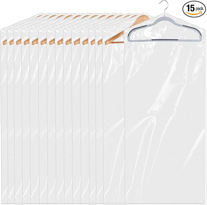 15 Pack (24 x 60 In) Plastic Clear Clothes Covers,Dry Cleaners Bags Hanging Clothing Covers Clear Garment Bags Hanging Dust-proof Clothing Protector Covers for Home Storage Clothing Stores & Travel.