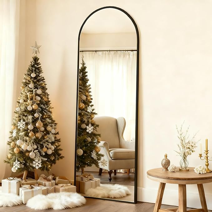 MISSDAY 64"x21" Arched Full Length Mirror, Black Full Body Mirror with Stand, Floor Mirror Long Free Standing, Leaning or Hanging, Aluminum Thin Frame Wall-Mounted Mirrors Wall Mirrors for Bedroom
