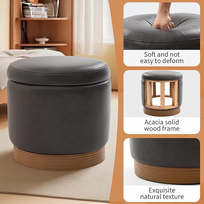 Round Ottoman with Storage,Swivel Vanity Stool-Leather Foot Rest,Upholstered Footstool Pouf with Sturdy Wooden Frame(500 Lb),Small Coffee Table & Hidden Storage Ottoman for Living Room