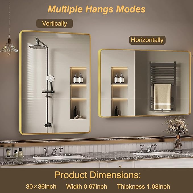 Gold Framed Mirrors for Bathroom,40 x 30 Inch Rounded Conner Rectangle Mirror for Wall, Matte Gold Vanity Mirror with Tempered Glass,Anti-Rust,Hangs Horizontally or Vertically
