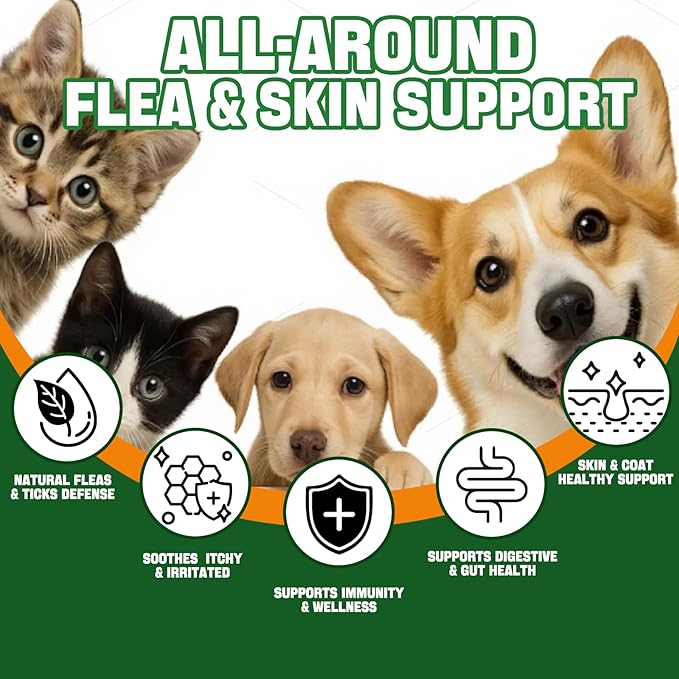 Natural Oral Flea and Tick Support for Dogs and Cats, Herbal Liquid with Multivitamins-All Breeds and Ages-Supports Immunity, Skin & Coat Support-Bacon Flavor