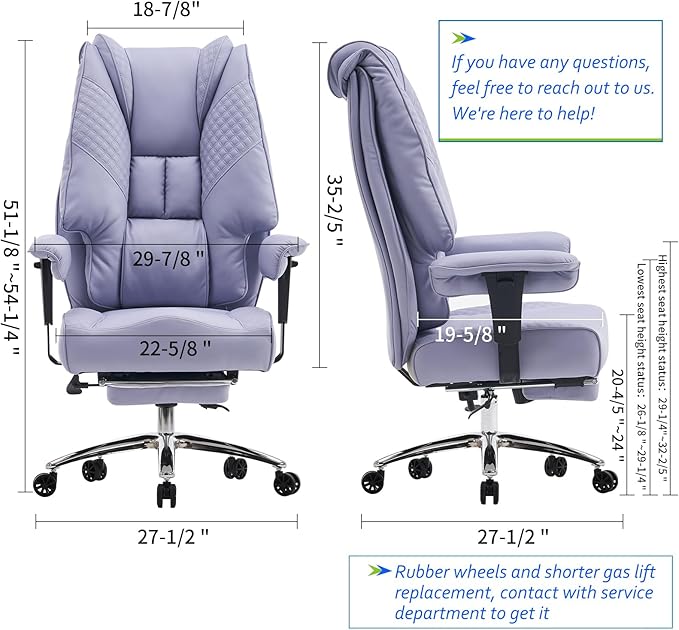 Big and Tall Office Chair 400lbs Wide Seat, Leather High Back Executive Office Chair with Foot Rest, Ergonomic Chairs Lumbar Support for Lower Back Pain Relief (Light Purple)