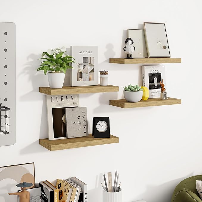 Floating Shelves for Wall, Wall Mounted Shelves with Invisible Brackets, 3 Small Wood Floating Wall Shelf Shelves for Living Room, Bedroom, Kitchen, Bathroom (Oak, 15" W x 6" D x 1" H)