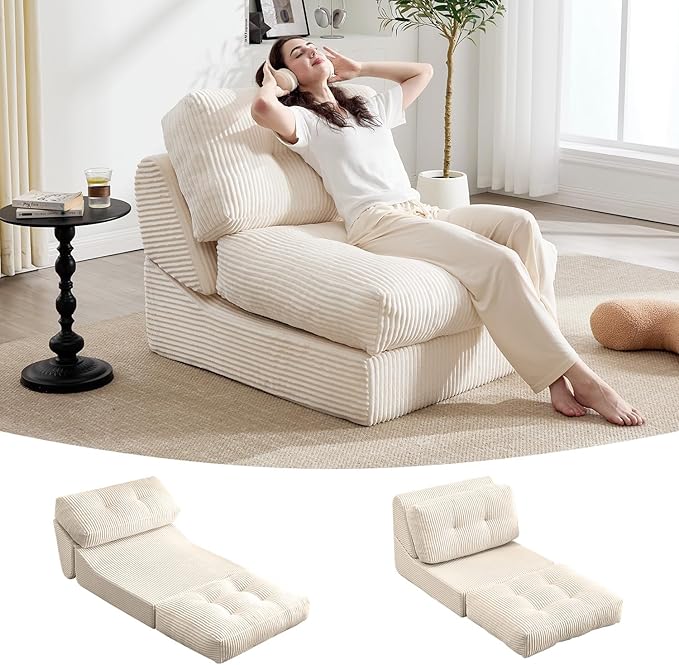 Tbfit 35.8‘’ Oversized Folding Sofa Bed, Convertible Sleeper Chair with Adjustable Back, Corduroy Folding Couch Bed, Portable & Foldable Mattress Boneless Floor Sofa for Living Room, Bedroom, White