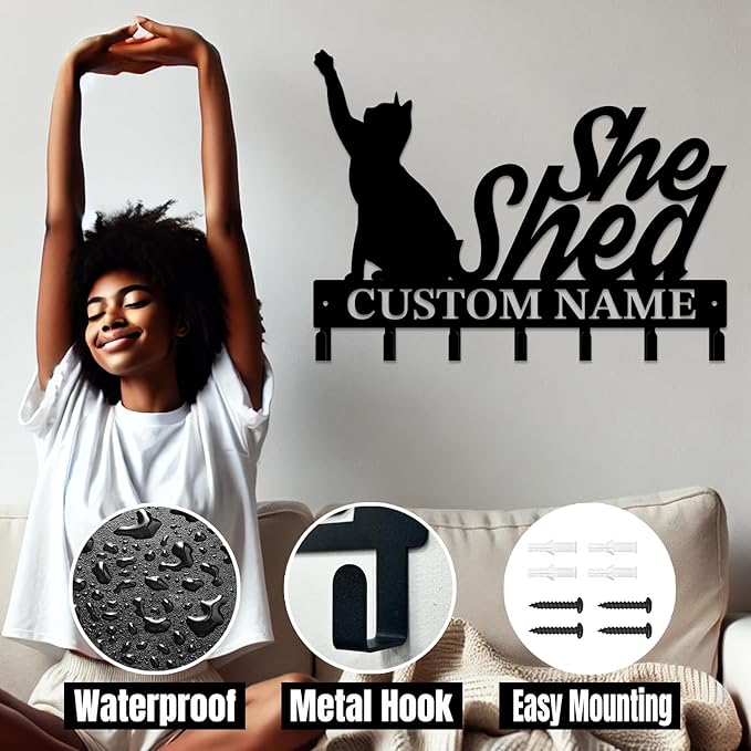 Personalized She Shed Keys Hooks,Custom Name Metal She Shed Art Keys Hooks,Metal She Shed Lover Wall Home Storage Decorative Keys Hooks,Key Holder Hooks for Wall (Style J)