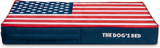 The Dog’s Bed Orthopedic Memory Foam Dog Bed, Medium Blue & Red Trim USA Center Flag 34x22, Pain Relief for Arthritis, Hip & Elbow Dysplasia, Post Surgery, Supportive, Calming, Waterproof Washable