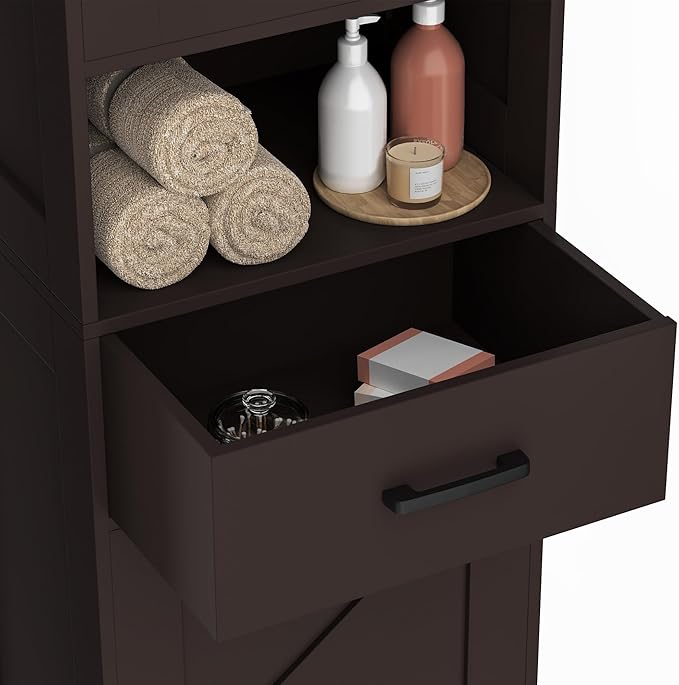 Homhedy 67" H Tall Bathroom Storage Cabinet with 2 Barn Doors and 1 Drawer, Narrow Storage Unit, Adjustable Shelves, Floor Cabinet for Bathroom, Living Room, Entryway, Kitchen, Brown, (15.7" W)