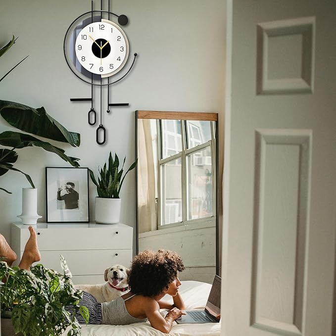 Modern Wall Clock - Large Decorative Metal Wall Clock with Pendulum Silent Non-Ticking Battery Operated Wall Decor for Living Room Office Bedroom Kitchen Hunting Household (16.5 * 34.7in)