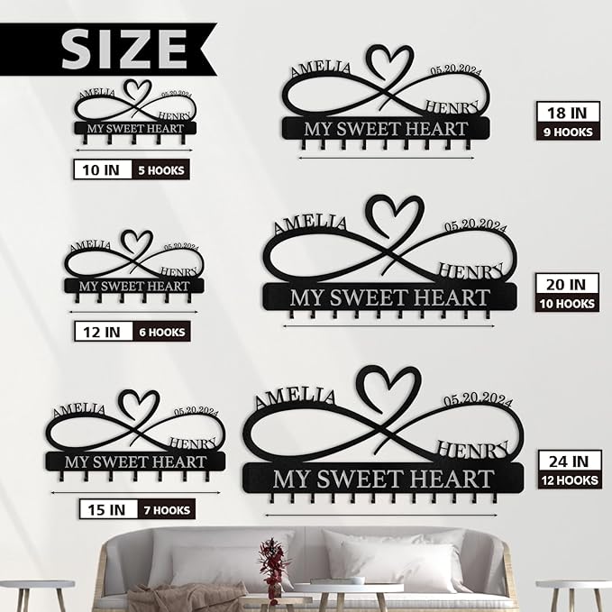 Personalized Key Holder Wall Mount, Custom Couple's Name Key Holder for Wall, Love Shape Wedding Couple Gifts, Metal Key Rack Coat Rack, Key Rack Organizer for Bedroom Hallway Decor