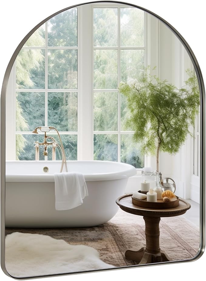 ANDY STAR Arched Mirror, 30 x 36 Inch Brushed Nickel Wall Mirror in Stainless Steel Metal Frame, Arch Top Rounded Corner 1 Inch Deep Set Design Wall Mount Hangs Vertical