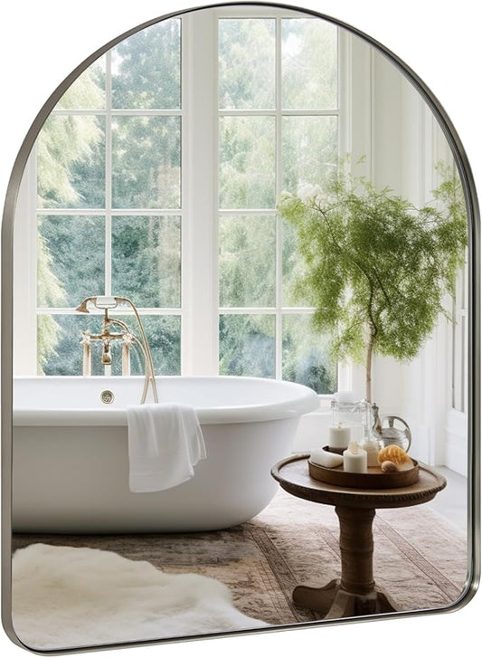ANDY STAR Arched Mirror, 30 x 36 Inch Brushed Nickel Wall Mirror in Stainless Steel Metal Frame, Arch Top Rounded Corner 1 Inch Deep Set Design Wall Mount Hangs Vertical