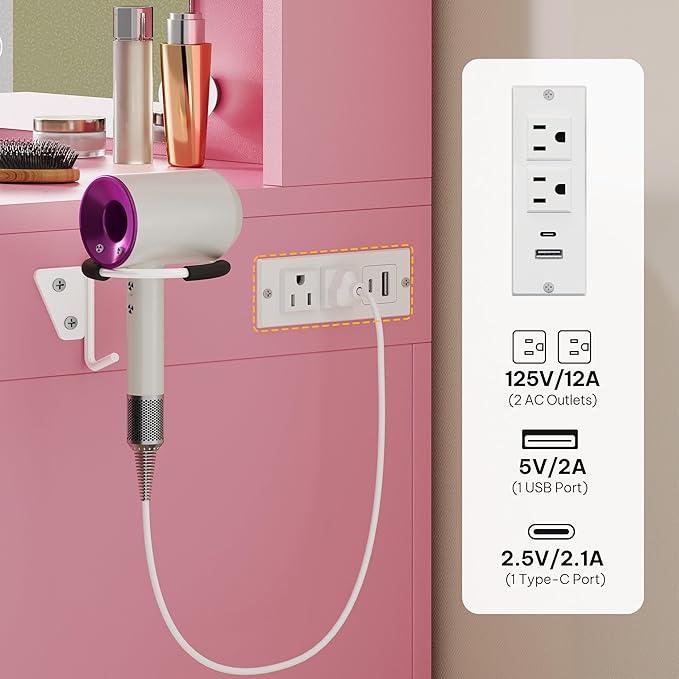 DWVO Makeup Vanity with LED Mirror, 40" Big Vanity Makeup Table with 4 Drawers and 7 Open Storage Shelves, Built-in Power Outlets & Hairdryer Holder, Pink