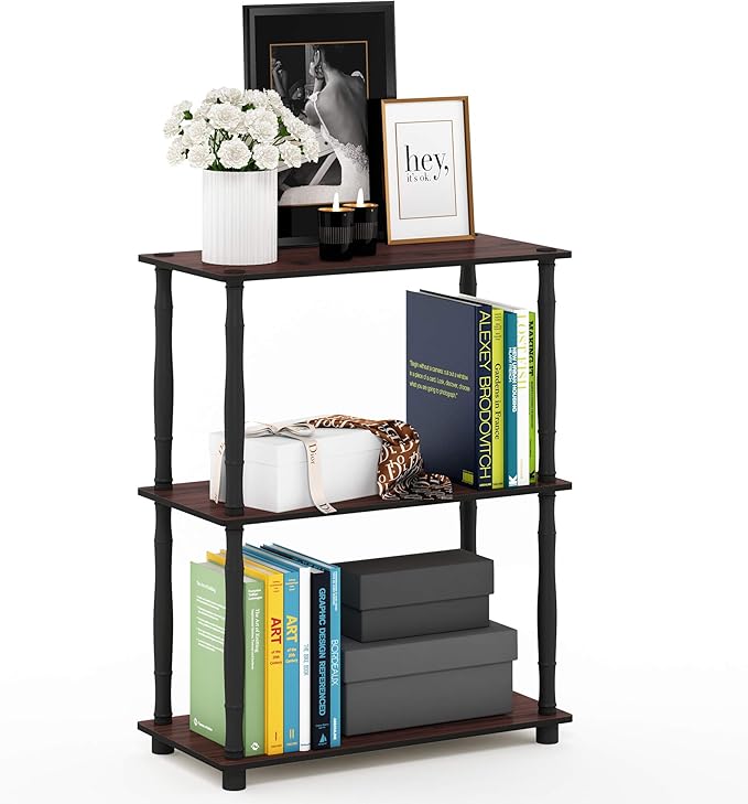 Furinno Turn-N-Tube 3-Tier Compact Multipurpose Shelf Display Rack with Classic Tube, Dark Cherry/Black