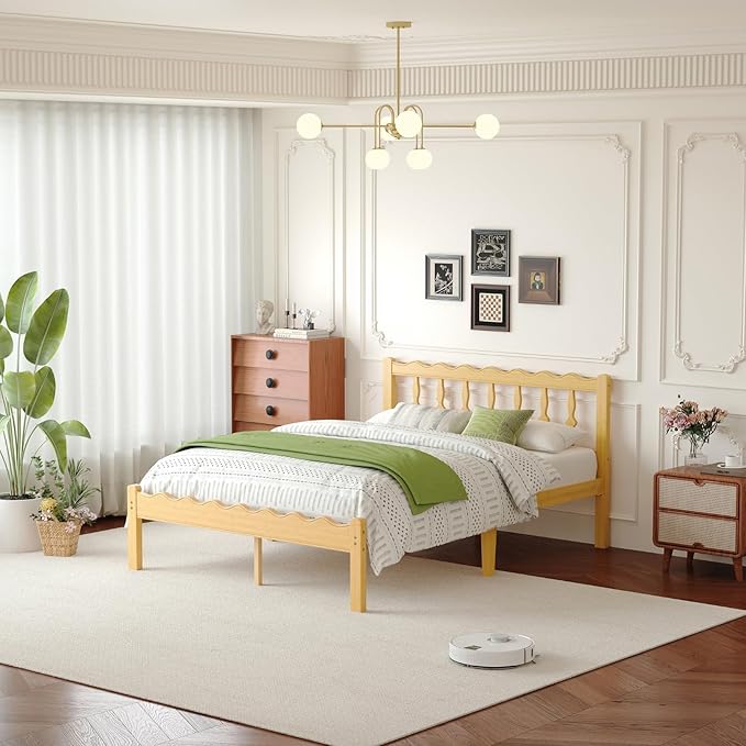 Bamboo Queen Bed Frame with Headboard, 14 inch Solid Wood Platform Bed Frames Queen Size with Metal Slats, No Box Spring Needed, Easy Assembly, Noise Free