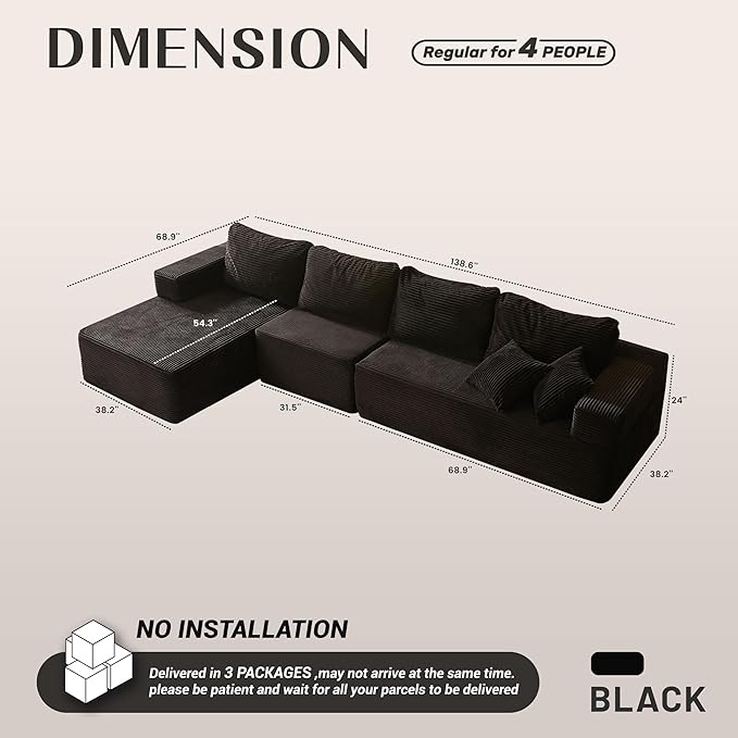 138" Boneless Couch with Deep Seat, Modular Sectional Sofa, Cloud Sectional Couch for Living Room, No Assembly Required, Corduroy, 4 Seater L-Shape Left, Black
