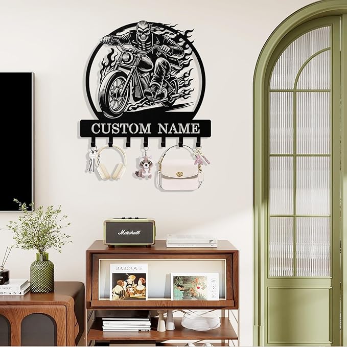 Personalized Key Holder Wall Mount, Custom Motorcycle Metal Keys Holder for Wall with Name, Wall Key Hanger Rack with Hooks for Entryway, Front Door, Living Room, Kitchen, Bathroom, Garden