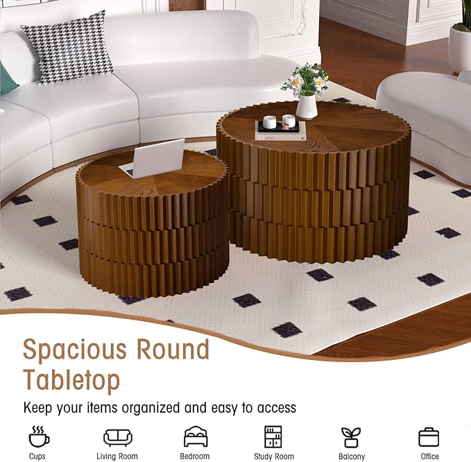Round Nesting Coffee Table Set of 2 Walnut Round Drum Fluted Coffee Tables for Small Space Modern Stacking Nesting Tables Minimalist Circle Center Table 2 Piece for Living Room (Walnut)