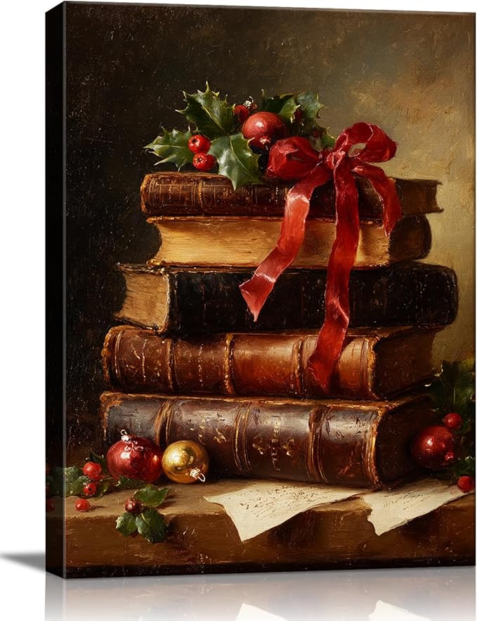 Dark Academia Christmas Canvas Wall Art - Vintage Books & Holly Framed Print for Library Reading Nook, Moody Winter Decor, Unique Christmas Gifts for Book Lovers & Festive Decorations