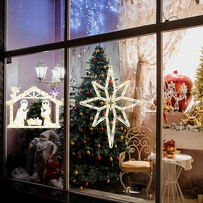Christmas Decorations 17" Christmas Window Silhouette Lights - 2 Pack Nativity Scene with Lights ＆ Lighted Bethlehem Star for Holiday Indoor and Outdoor Wall Door Window Decorate