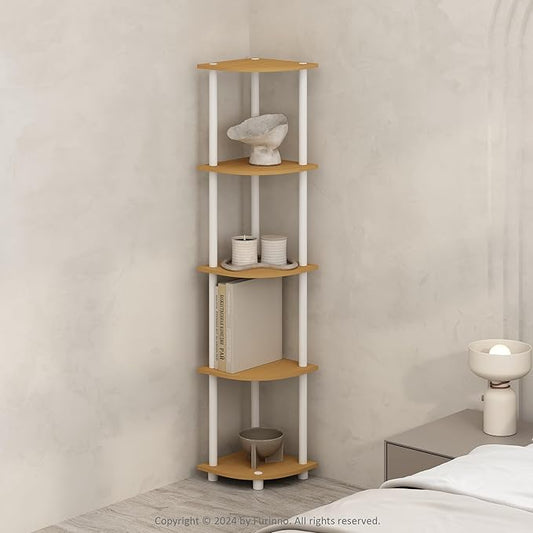 Furinno Turn-N-Tube Storage Shelves, 5-Tier Book Shelf, Corner Shelf, Toolless Open Shelves, for Organization and Storage, Living Room, Home Office, Hallway, Bedroom, Beech