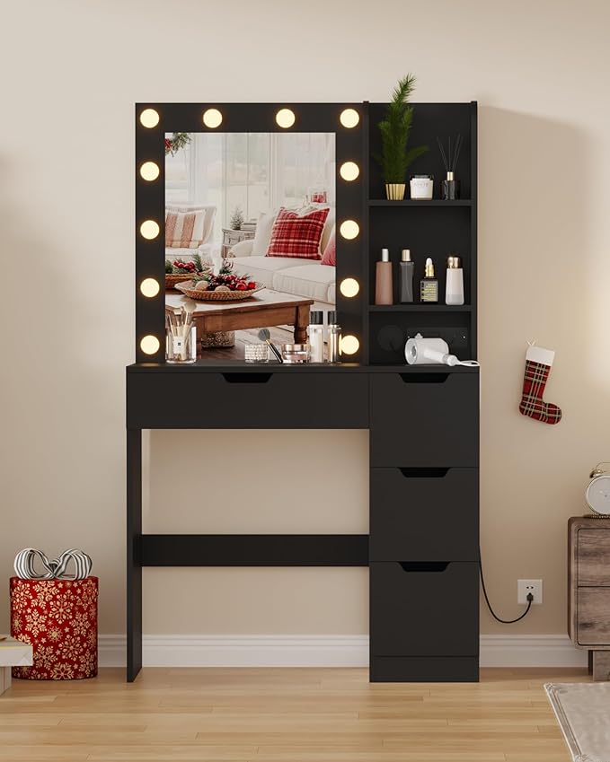 Garvee Vanity Desk with Mirror and Lights - Makeup Vanity Desk with 4 Drawers, Built-in Power Outlet & USB, Adjustable LED Lighting, Makeup Table for Bedroom