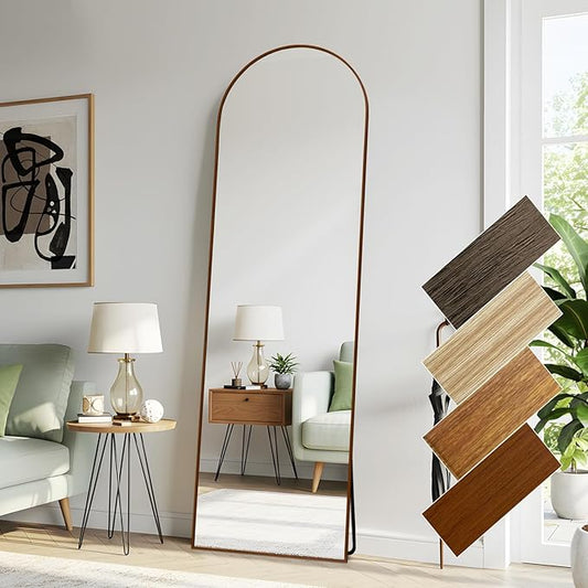 Arched 19x57 Inch Full Length Mirrors Aluminium Frame in Retro Reddish Brown Wood Looking Free Standing Floor Mirror Full Body Wall Mounted for Bedroom Living Room and Hallway