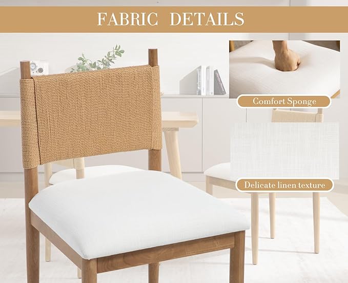 CIMOTA Modern Dining Chairs Set of 6, Mid Century Upholstered Dining Room Chairs with Woven Back, Armless Kitchen Chairs with Natural Solid Wood Legs, Linen Beige