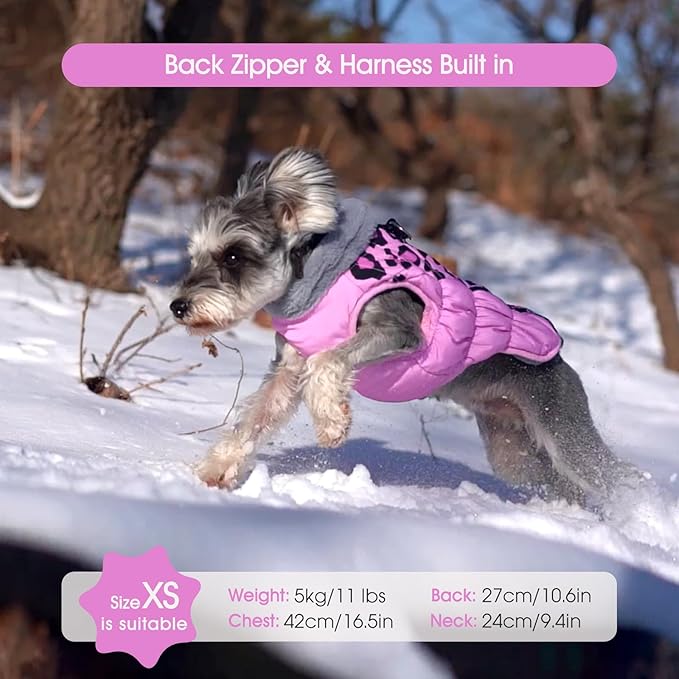 FUAMEY Dog Coat for Medium Dogs,Waterproof Dog Winter Jacket with Harness Built in Puppy Cold Weather Coats Reflective Pet Vest with Zipper Warm Fleece Dogs Snowsuit Windproof Pink Leopard M