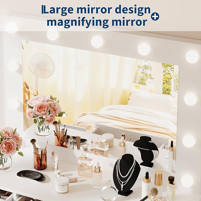 Garvee White Vanity Desk with Mirror and Light, Makeup Vanity Table with Charging Station, 7 Storage Drawers, 1 Cabinet, 3 Color Lighting Modes, Modern Wooden Dressing Table for Bedroom