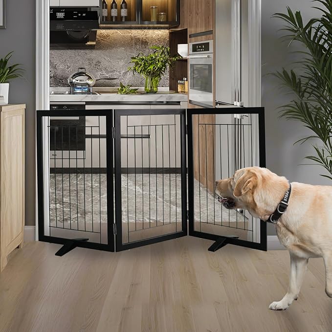 ZJSF Freestanding Dog Gate Indoor, Foldable Dog Fence for Doorways,Hallways or Stairs, Sturdy Wood Extra Wide Pet Gate with Support Feet,Black,32 "Height-3 Panels