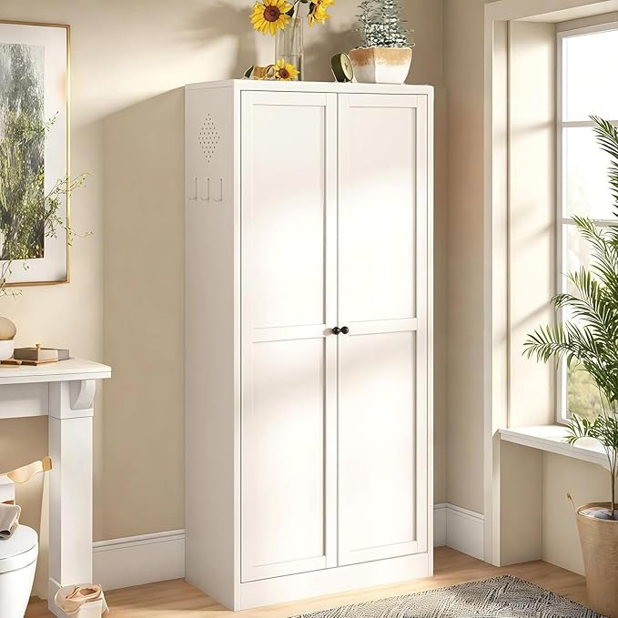 61'' Storage Cabinet, 4 Adjustable Shelves Kitchen Pantry with 2 Doors, Tall White Metal Storage Cabinet with External Hooks, Heavy-Duty Farmhouse Pantry for Kitchen Living Room