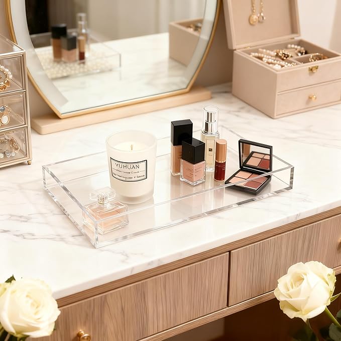 Clear Acrylic Tray 5mm Thicken for Vanity Makeup, Perfume, Jewelry Holder, Napkin, 10x5'' Decorative Serving Tray for Bathroom, Toilet Tank, Sink Countertop, Living Room,Dresser, Coffee Table,Wedding