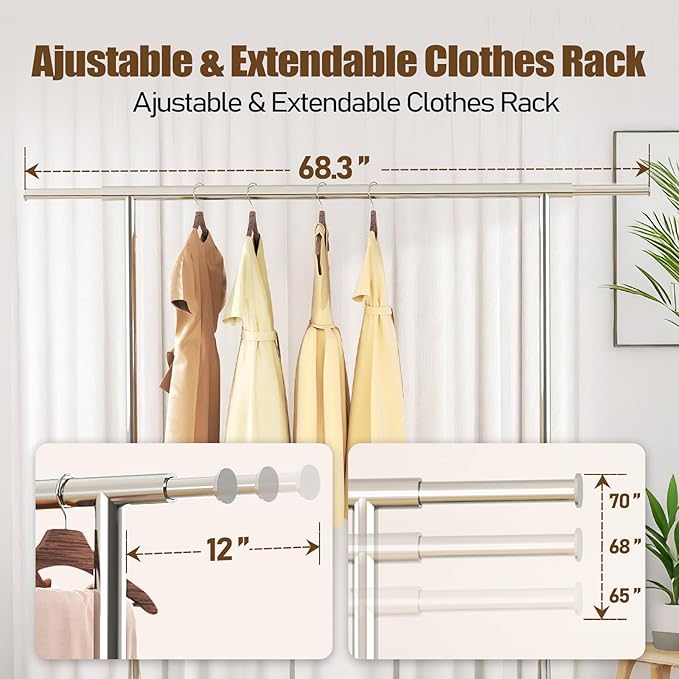 Heavy Duty Clothes Rack Load 500 LBS,Clothes Clothing Racks for Hanging Clothes with Lockable Wheels & Stable Shelves, Rolling Garment Wardrobe Portable Closet Rack,Sliver