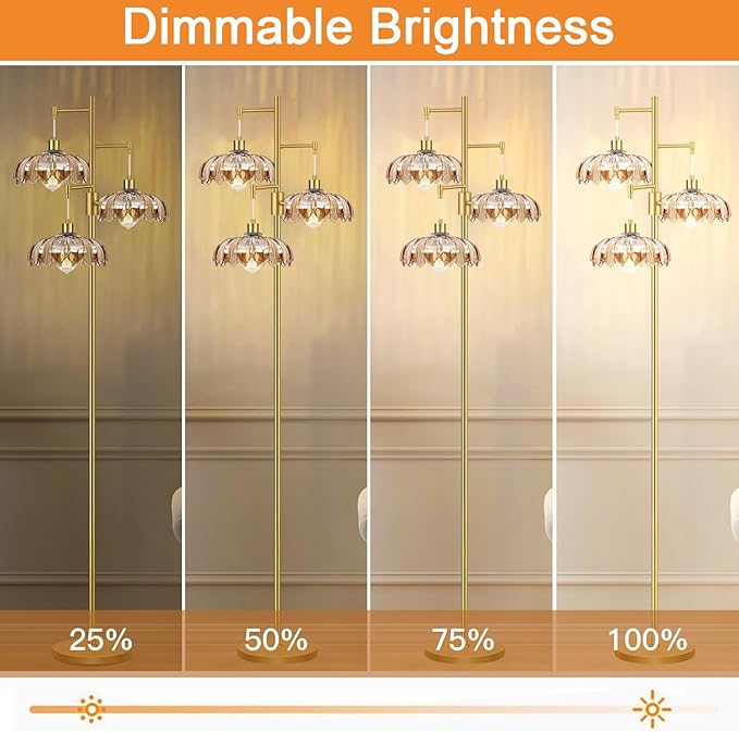 Dimmable Floor Lamp for Living Room Bedroom-3 Light Gold Floor Lamp with Glass Lampshape, Flower Tall Lamp Mid Century Modern Standing Lamp Glass Tree Floor Lamps for Living Room Bedroom,Corner