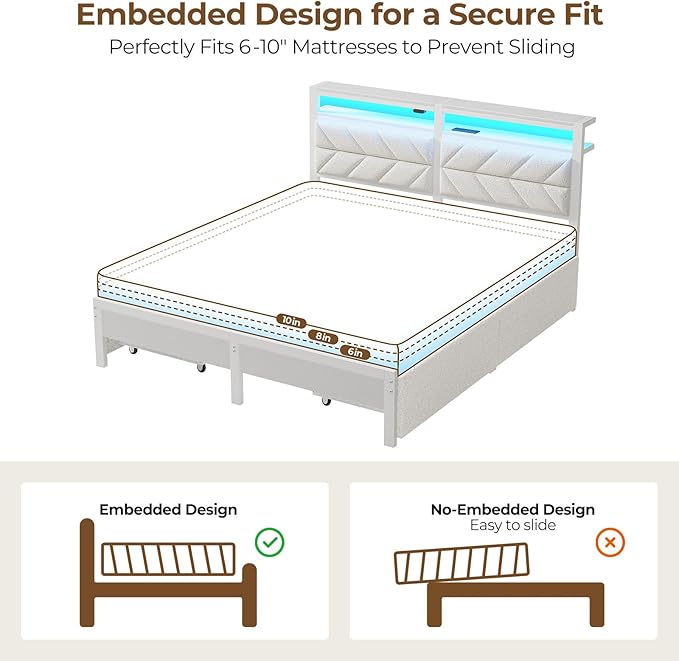Seventable Queen Bed Frame with 4 Storage Drawers, Charging Station & LED Lights, Upholstered Headboard with 2-Tier Shelves, Metal Platform Bed, No Box Spring Needed, Noise-Free, White