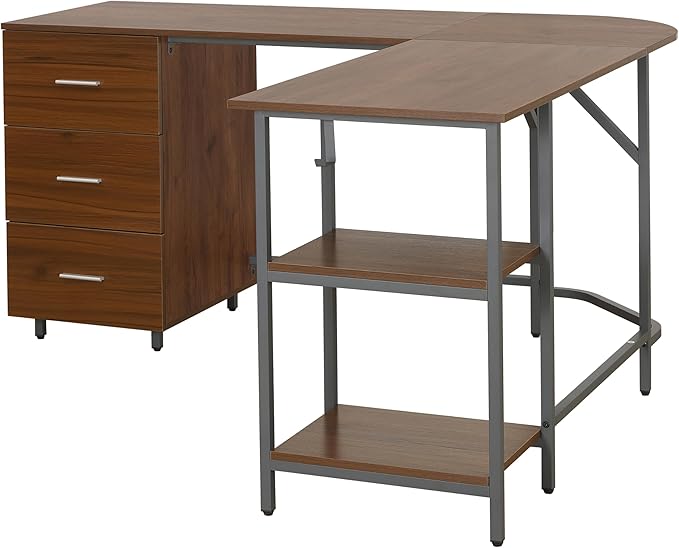 Techni Mobili L Shaped Desk - Two-Toned Computer Desk with Drawers & Storage Shelves - Simple Modern Furniture & Home Office Space Corner Table for Work & Writing