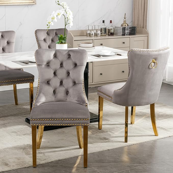 Luxury Upholstered Dining Chairs Set of 2, Grey Kitchen Chair with Golden Metal Legs, Velvet Tufted Back Dining Chair, Sillas de Comedor, Modern Kitchen & Dining Room Chairs (Gray, 2 Pcs)