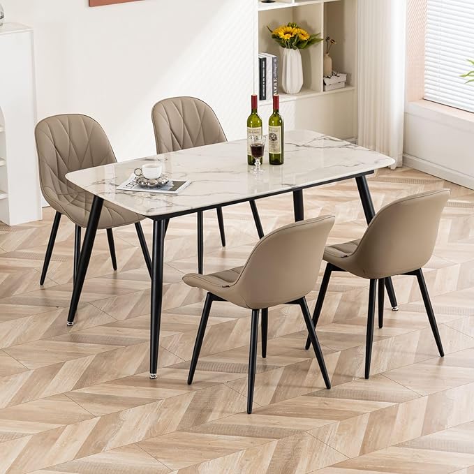 Rowill Dining Chairs Set of 2 - Modern Kitchen Chairs with Soft Backrest, Sturdy Metal Legs & Non-Slip Pads, Suitable for Home Kitchen, Faux Leather Upholstered Seats for Dining Room, Khaki